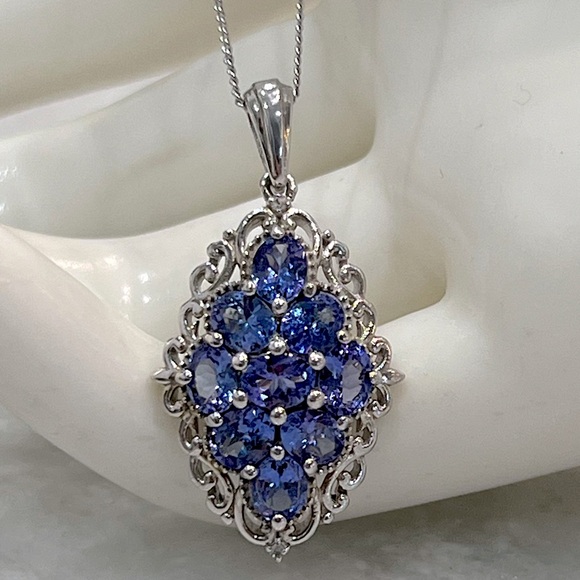Jewelry - Premium AAA Tanzanite Cambodian Zircon Sterling Silver Cluster Pendant Necklace
